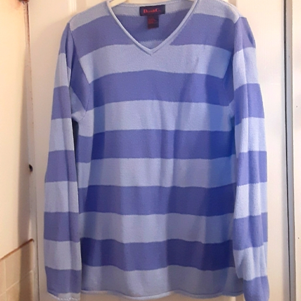 Denim & Company Striped V-neck Tunic Sweater Small Denim Blue